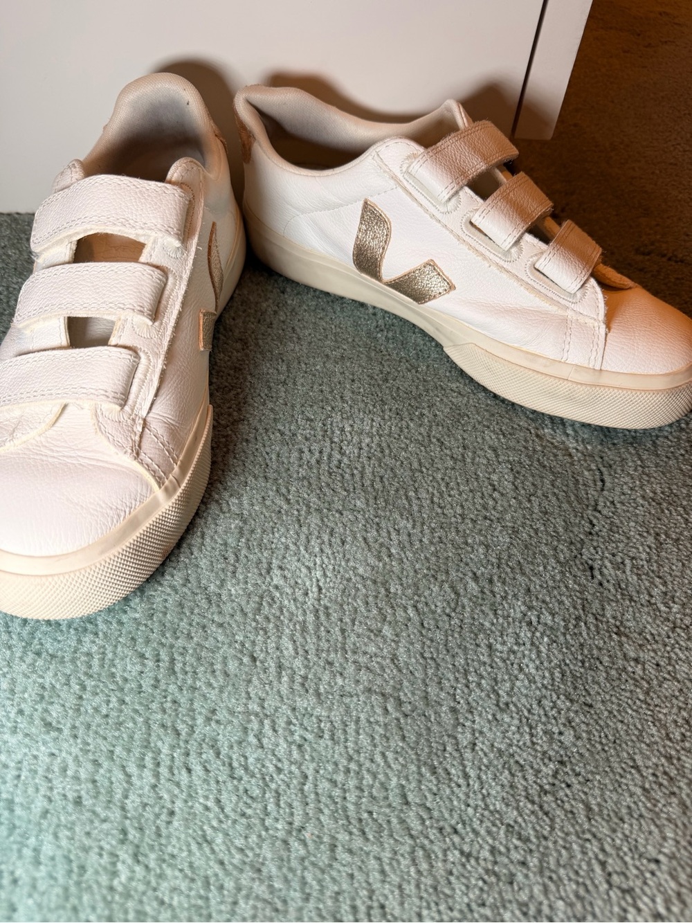 Veja White Leather Velcro Sneakers with Metallic Gold V